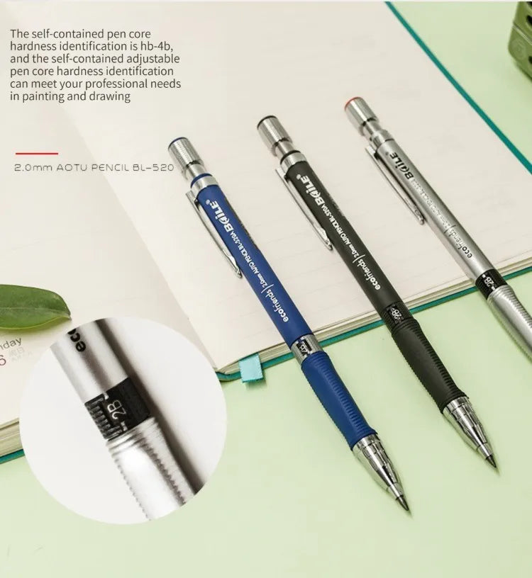 Druckbleistift-Set 2,0 mm mit 2B-Schwarz/Farben-Minenminen zum Schreiben, Skizzieren, Kunst, Zeichnen, Malen, Schule, automatischer Bleistift
