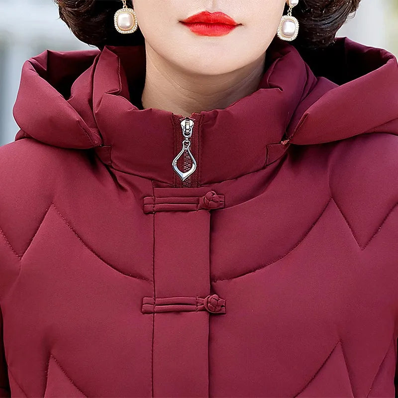 Frauen Winter Puffer Baumwolle Gefütterte Jacke Oma Mit Kapuze Fleece Dicke Parkas Warme Lose Retro Stickerei Schnee Mantel Lose Weibliche