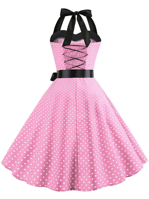 Frauen Polka Dot Print Sommer Kleid Sexy Retro Weiß Halter Vintage Kleid Robe Femme Pin Up Rockabilly Party Kleid