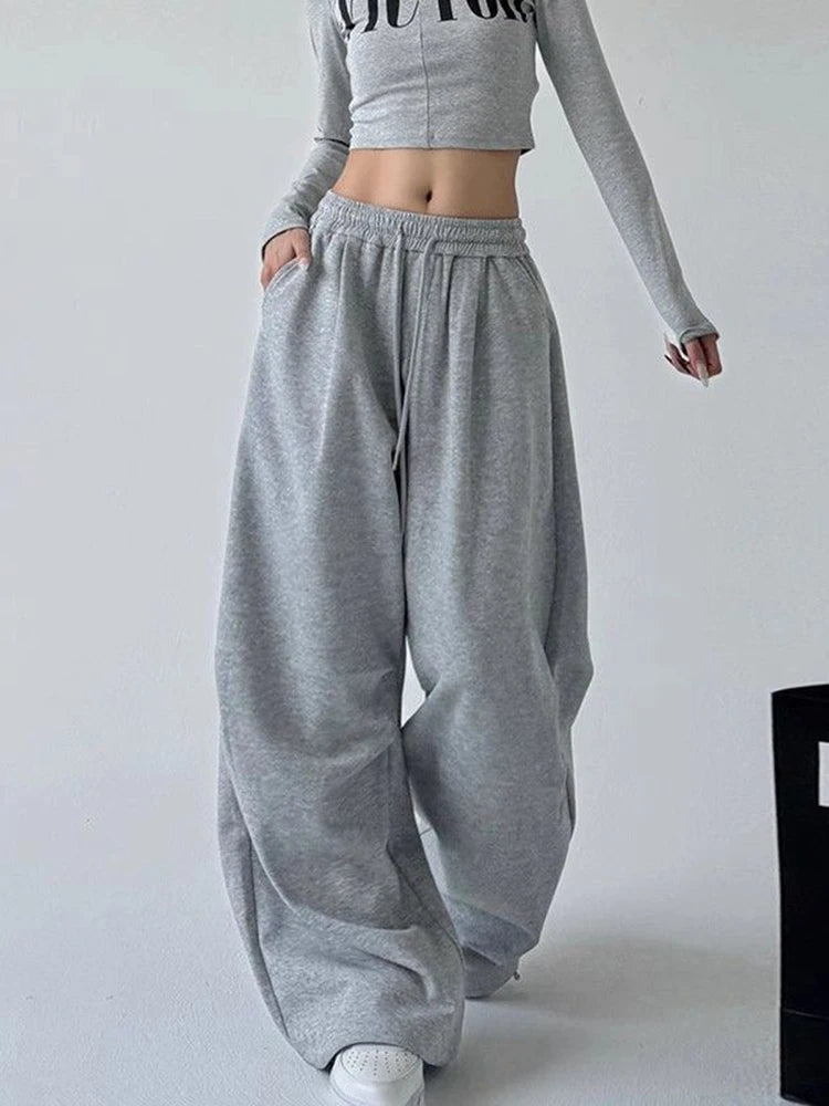 Y2K Harajuku Breite Bein Jogginghose Frauen Streetwear Baggy Oversize Grau Sport Hosen Hohe Taille Kordelzug Casual Jogger Hosen