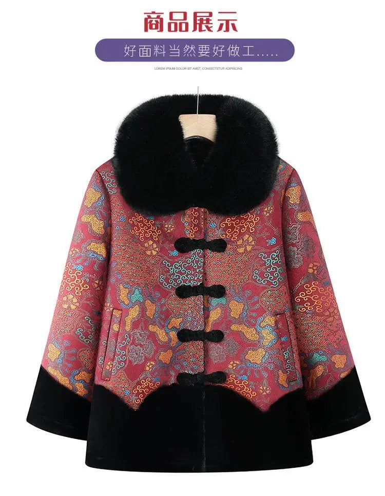Chinesischer Stil, floraler, mit Fleece gefütterter Mantel für ältere Frauen, Kunstpelzkragen, Tang-Anzug, warme Winter-Oma-Oberbekleidung