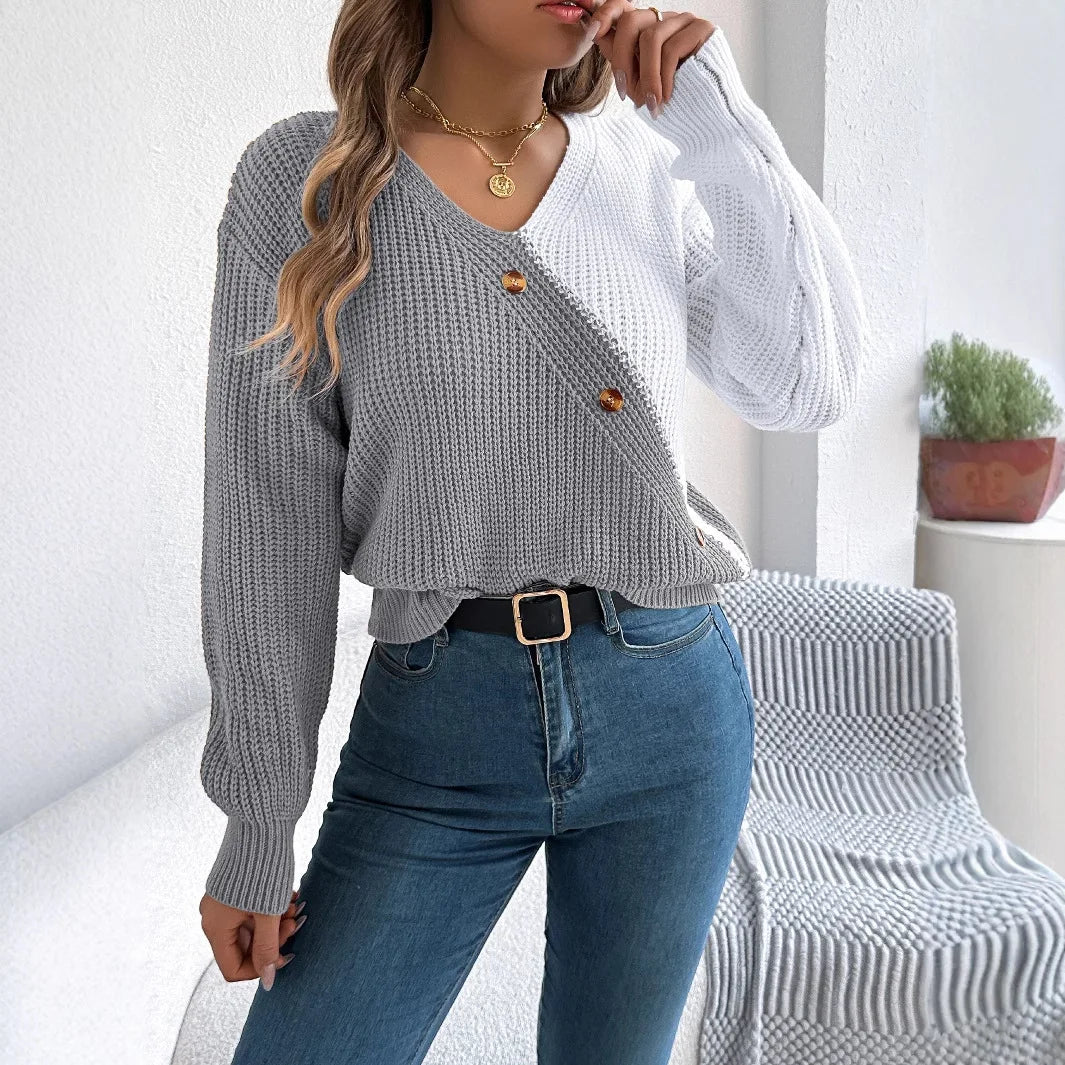 V-Ausschnitt, farbblockierender, langärmliger Strickpullover, lockerer, vielseitiger Pullover, Kazak, eleganter Pullover für Damen, Herbstmodus