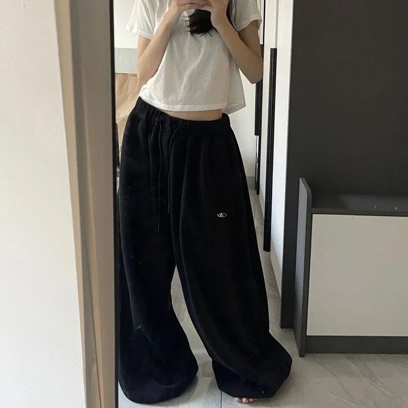 Amerikanischen Retro Hip-Hop Übergroßen Frau Schwarz Casual Jogginghose Koreanische Streetwear Lose Jogging Hosen Hohe Taille Breite Bein Hosen