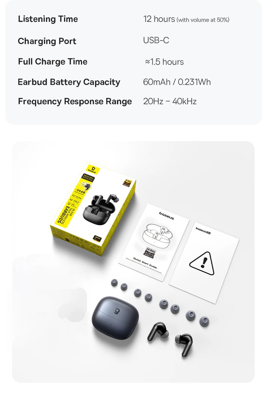 Baseus EP10 Pro ANC Ohrhörer, kabellose Bluetooth 6.0-Kopfhörer, 50 dB, Echtzeit-Adaptive-Kopfhörer, 6 Mikrofon, hochauflösende LDAC IP55-Ohrhörer