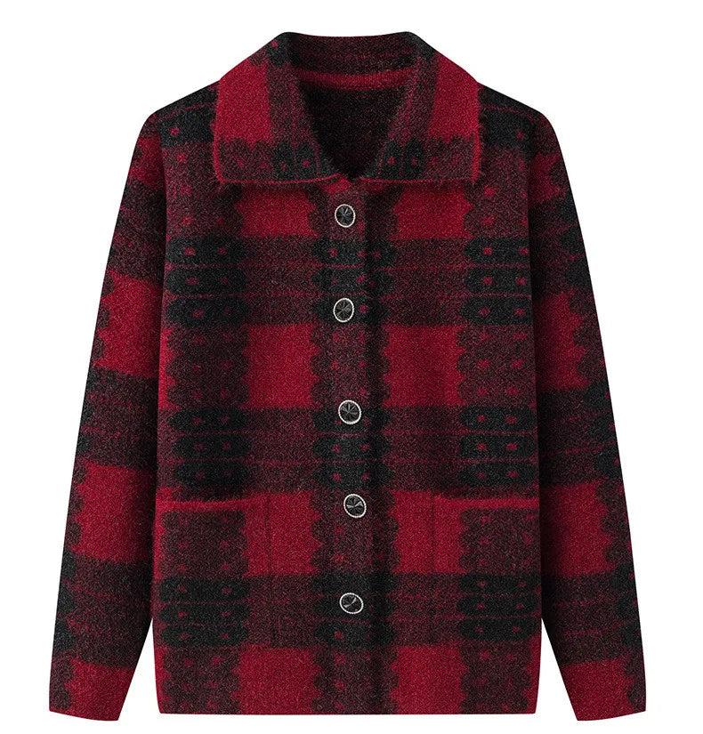 Casual Plaid Herbst Winter Kleidung Mittleren Alters Mutter Pullover Strickwaren Tops Verdicken Oma Warm Woolen Mantel Frauen Strickjacke