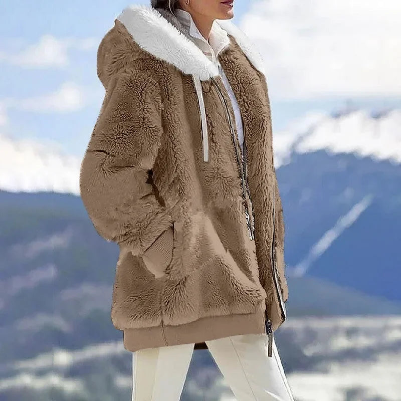 Herbst Winter Mode Damen mantel neue lässige Kapuze Reiß verschluss Dame Kleidung Kaschmir weibliche Fleece jacke einfarbige Damen mäntel