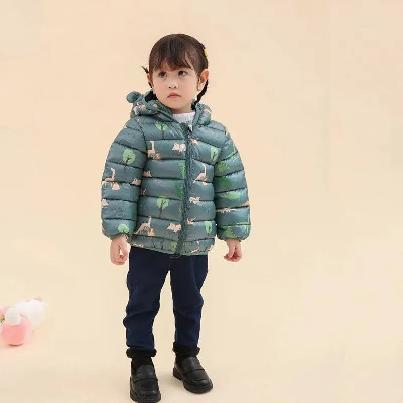Kinder Jungen Baby Mit Kapuze Leichte Daunenjacken Warme Oberbekleidung Herbst Kinder Mädchen Mäntel Cartoon Dinosaurier Druck Freizeitkleidung