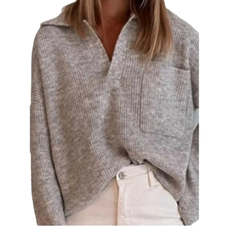 Neue Herbst Modus 2025 Pull Femme Einfarbig Tasche Stricken Lose Revers Büro Pendler Pullover Pullover Trikots Mujer Talla Grande