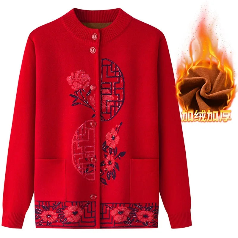 2025 Oma Pullover Frauen Frühling Herbst Pullover Mantel Mutter Strickjacke Für Frau Samt Strickwaren Weibliche Kleidung 5XL 2898