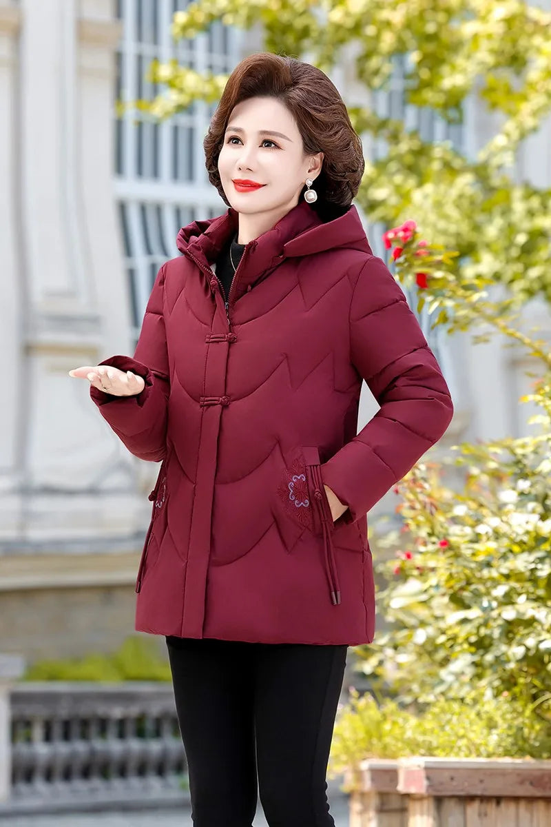 Frauen Winter Puffer Baumwolle Gefütterte Jacke Oma Mit Kapuze Fleece Dicke Parkas Warme Lose Retro Stickerei Schnee Mantel Lose Weibliche