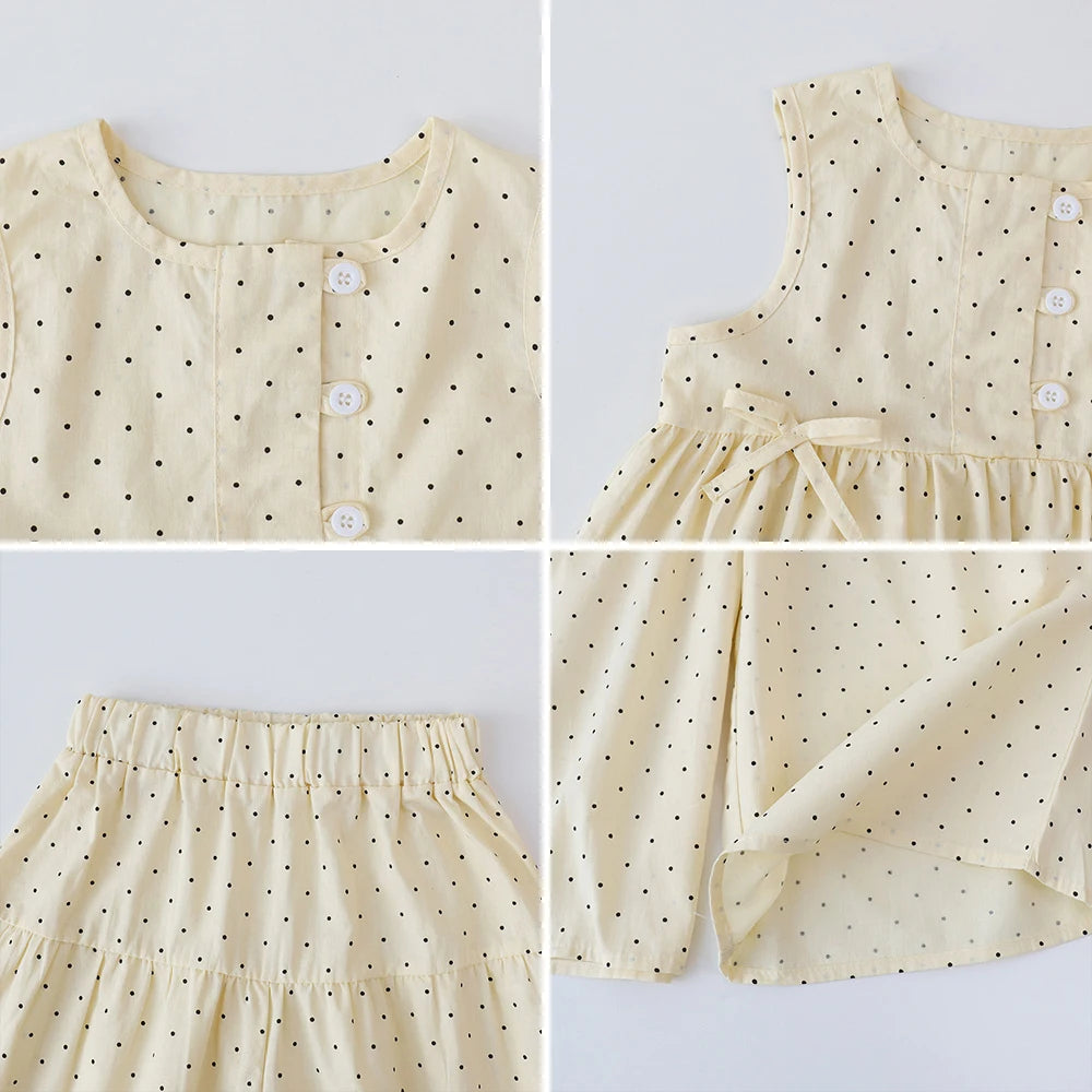 Bear Leader Baby-Mädchen-Freizeitkleidung, Rundhalsausschnitt, ärmelloses Polka-Dot-Oberteil + Hose mit weitem Bein, 2-teiliges Set mit Schleife und Knopf