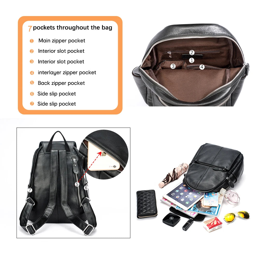Zency Stilvoller Damen-Rucksack aus echtem Leder in Weiß und Schwarz, A++-Qualität, Diebstahlsicherer Rucksack mit großem Fassungsvermögen, Reise-Designer-Rucksack