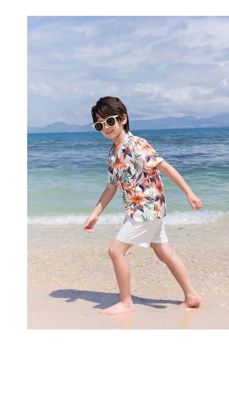 Family Look Vacation Beachwear Mother Daughter Sleeveless Dress Dad Son Matching Floral Shirt Set Parent-Child Holiday Outfits
