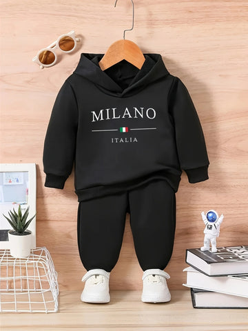 Langärmliges Kapuzenpullover aus Fleece mit Buchstabenmuster für Babys + langer Sportanzug für Frühlings- und Herbstgeschenke