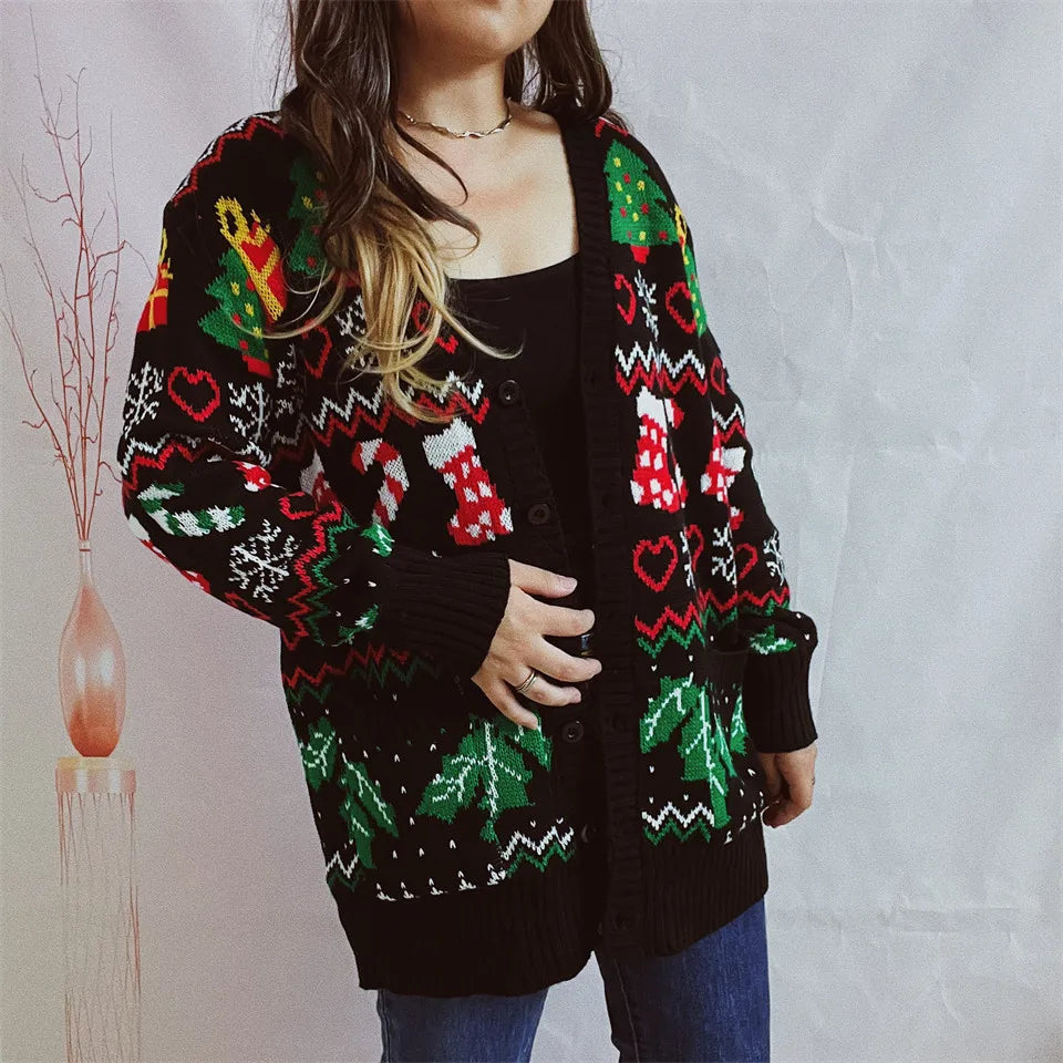 Frauen Herbst Modus 2025 Weihnachten Themed Gedruckt Strickjacke Mit Knöpfen V-ausschnitt Mit Langen ärmeln Pullover Strickjacke Mujer Abbigliamento Donna