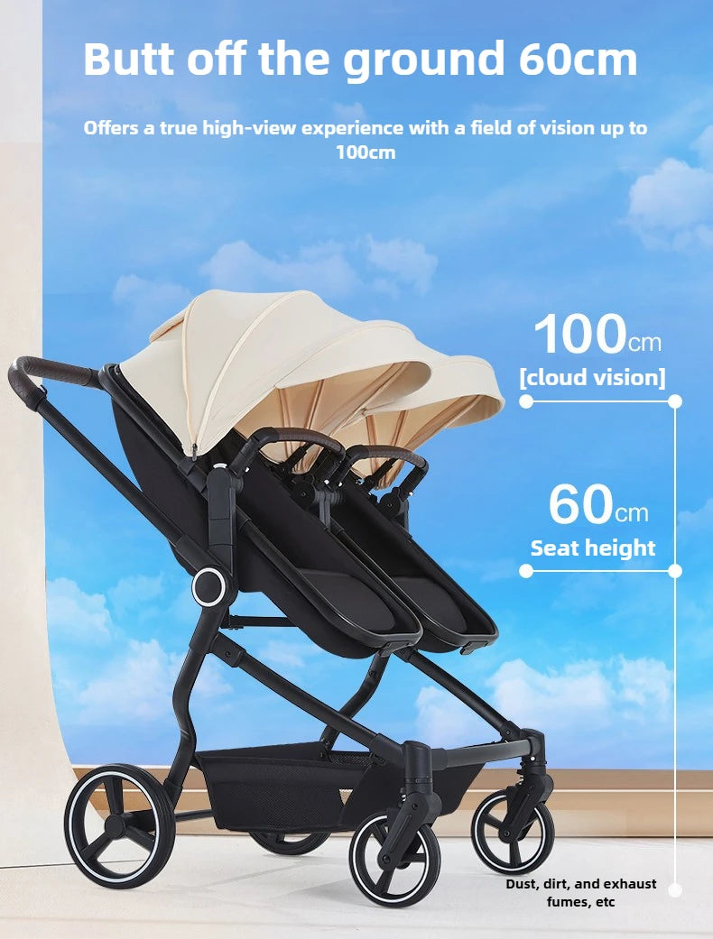 Integrierter Hochansicht-Kinderwagen für zwei Babys, kann sitzen oder liegen, ultraleichter, tragbarer, faltbarer Outdoor-Reisewagen