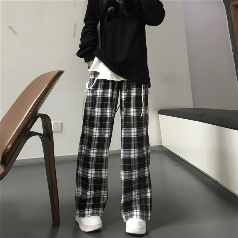 Oversize Frauen Jogginghose Mode Schwarz Plaid Casual Hosen Baggy Elastische Taille Taschen Student Unisex Hip Hop Lose Hosen