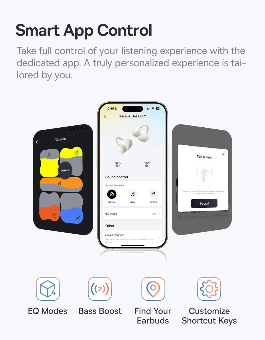 Baseus BC1 Ohrclip-Ohrhörer, kabellose Open-Ear-Kopfhörer, Bluetooth 6.0, Clip-on-Sportkopfhörer, 4 Mikrofone, Super-Bass, IP55, Ohrhörer