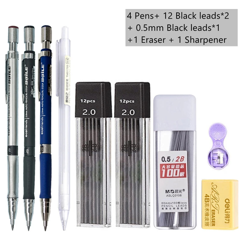 Druckbleistift-Set 2,0 mm mit 2B-Schwarz/Farben-Minenminen zum Schreiben, Skizzieren, Kunst, Zeichnen, Malen, Schule, automatischer Bleistift