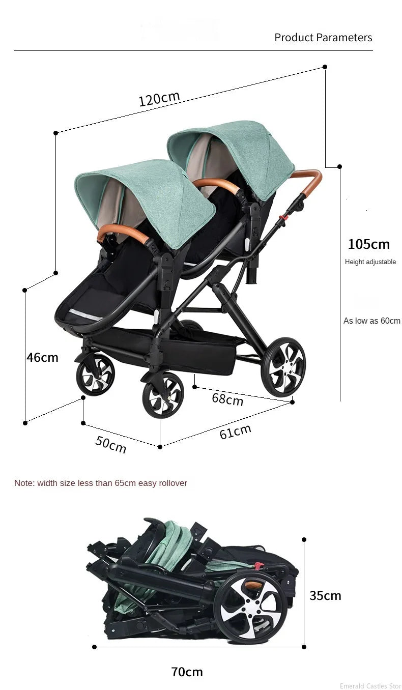 3-in-1-Zwillings-Kinderwagen mit Autositz für zwei Kinder, faltbar, stoßdämpfender Kinderwagen mit hoher Landschaft