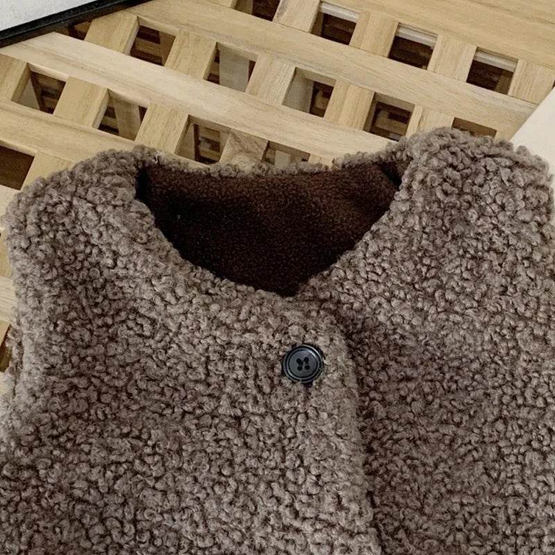 Neue Baby Lamm Wolle Plus Samt Weste Herbst Winter Mädchen Jungen Plüsch Weste Einreiher V-ausschnitt Kind Warme Mode Warme Mantel
