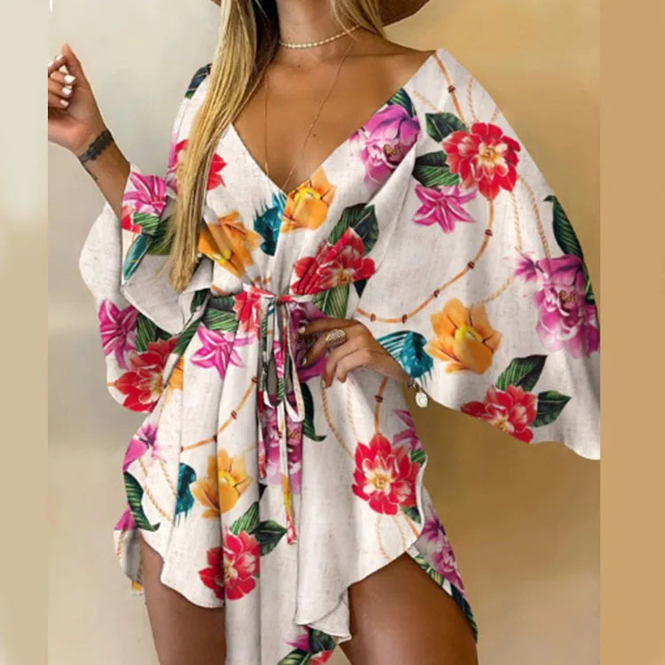 Frauen Print Kleid Sexy V-ausschnitt Fledermaus Ärmel Rüschen Blumen Drucken Böhmischen Strand Sommerkleid Damen Lose Sommer Urlaub Mini Kleider