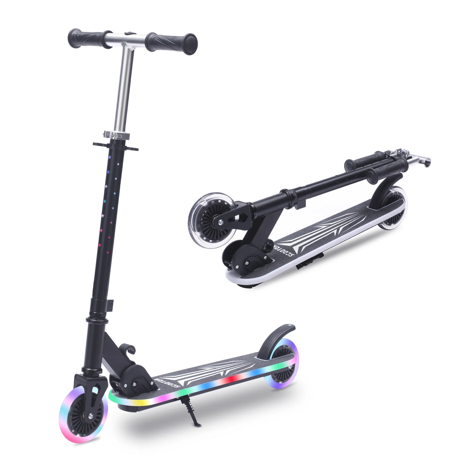 Kinderroller mit Ein-Klick-Faltmechanismus, 4-fach verstellbarer Lenker 75-90cm, Hinterradbremse, bunte Leuchträder & Pedale, 4,34-Zoll-Reifen