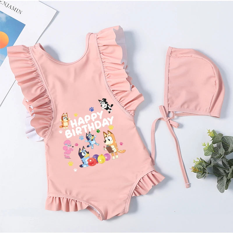 Cartoon Bluey Mädchen Sommer-Badeanzüge Kinder Einteilige & Bikini-Sets mit Badekappe Strandkleidung Bademode für Kinder