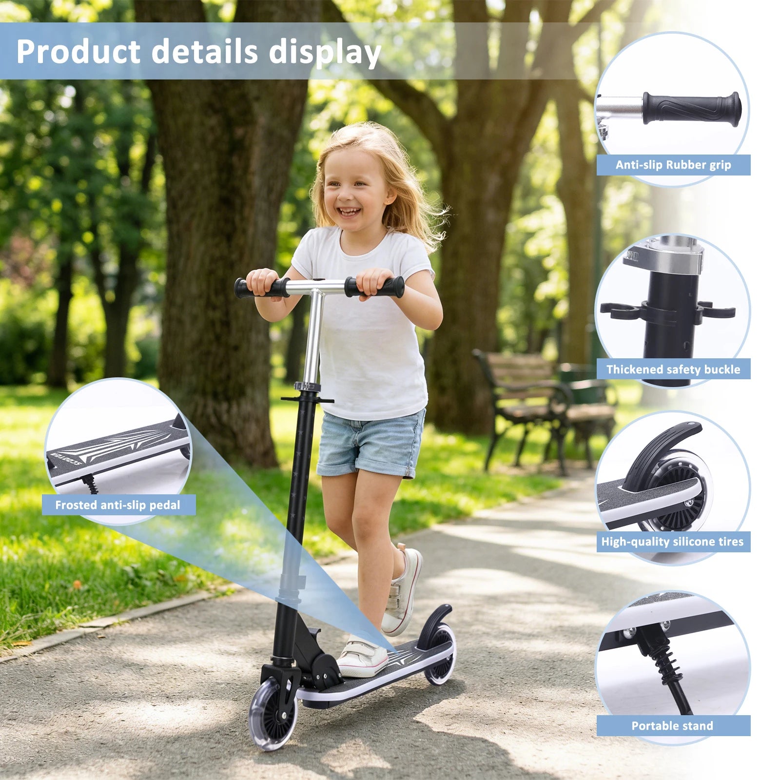 Kinderroller mit Ein-Klick-Faltmechanismus, 4-fach verstellbarer Lenker 75-90cm, Hinterradbremse, bunte Leuchträder & Pedale, 4,34-Zoll-Reifen