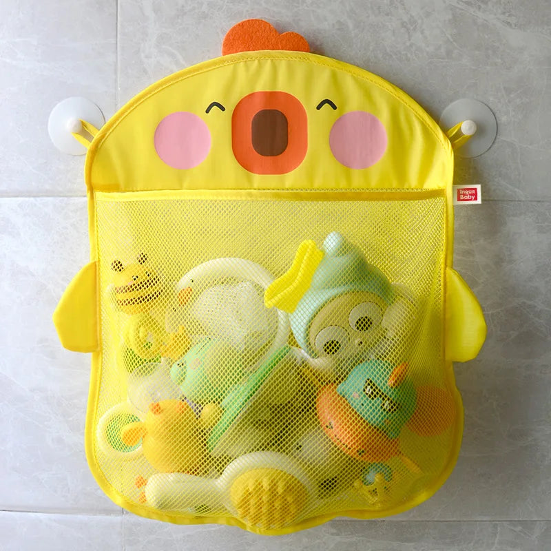 QWZ Neue Cartoon Ente Baby Badezimmer Mesh Tasche Sucker Design Für Bad Spielzeug Kinder Tier Formen Tuch Sand Spielzeug Lagerung Net Tasche