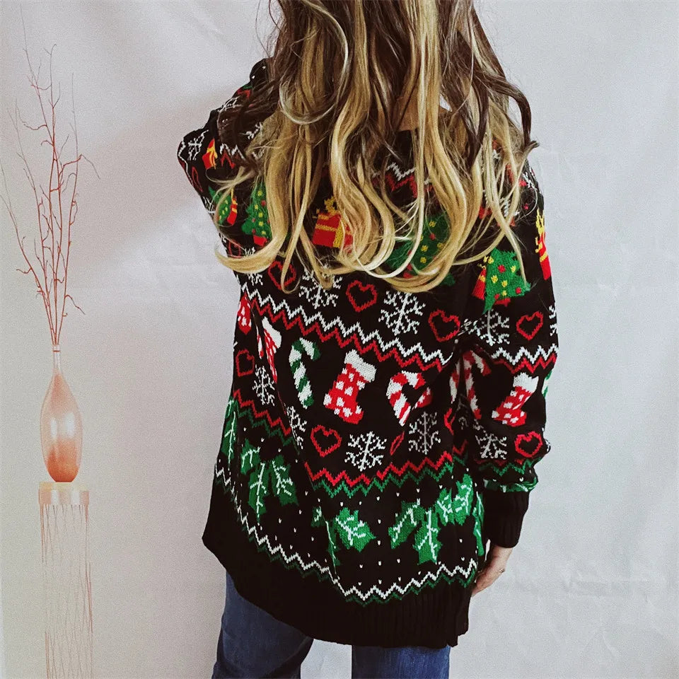 Frauen Herbst Modus 2025 Weihnachten Themed Gedruckt Strickjacke Mit Knöpfen V-ausschnitt Mit Langen ärmeln Pullover Strickjacke Mujer Abbigliamento Donna