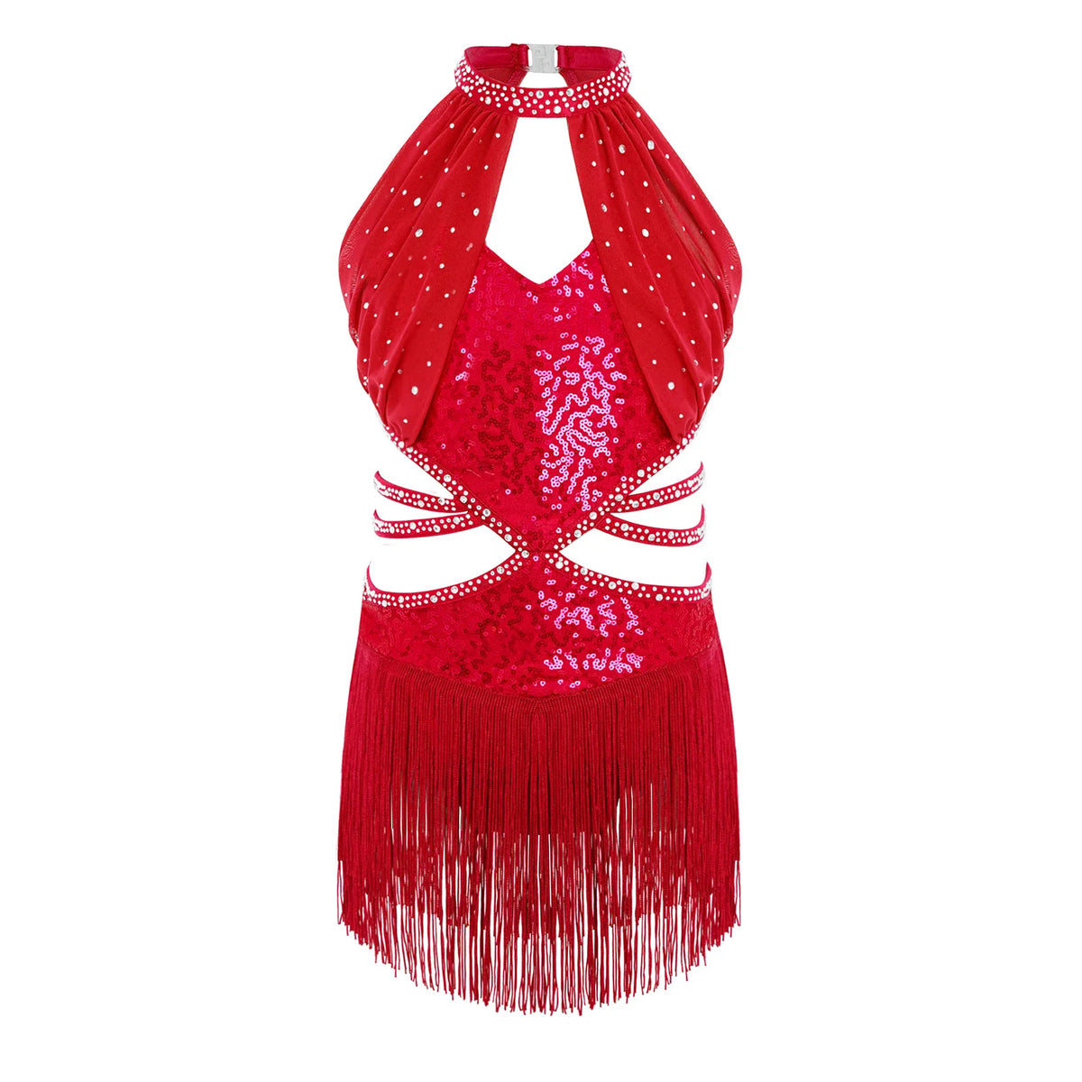 Glitzerndes Pailletten-Lateintanzkleid für Mädchen, Salsa, Jazz, Tango, ärmellos, gerüschtes Mesh-Overlay, Oberteil mit Quasten, Leotard-Kleid