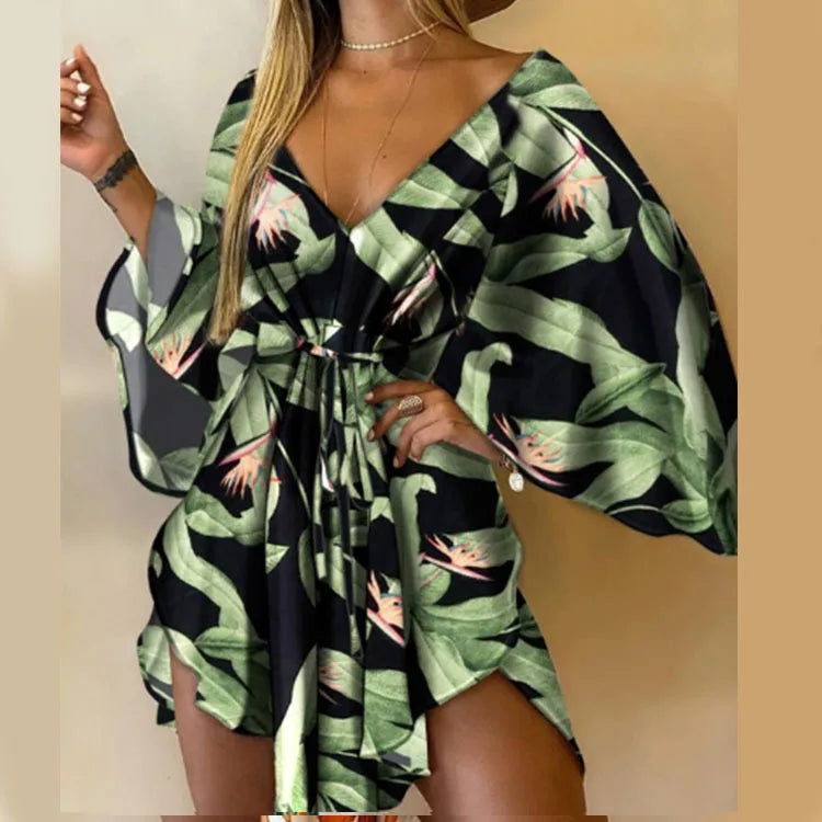 Frauen Print Kleid Sexy V-ausschnitt Fledermaus Ärmel Rüschen Blumen Drucken Böhmischen Strand Sommerkleid Damen Lose Sommer Urlaub Mini Kleider