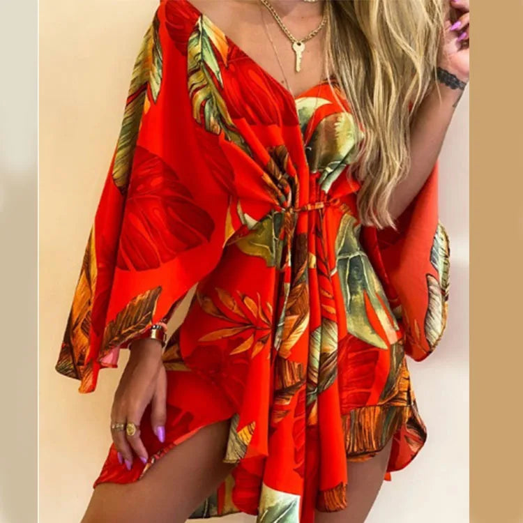 Frauen Print Kleid Sexy V-ausschnitt Fledermaus Ärmel Rüschen Blumen Drucken Böhmischen Strand Sommerkleid Damen Lose Sommer Urlaub Mini Kleider
