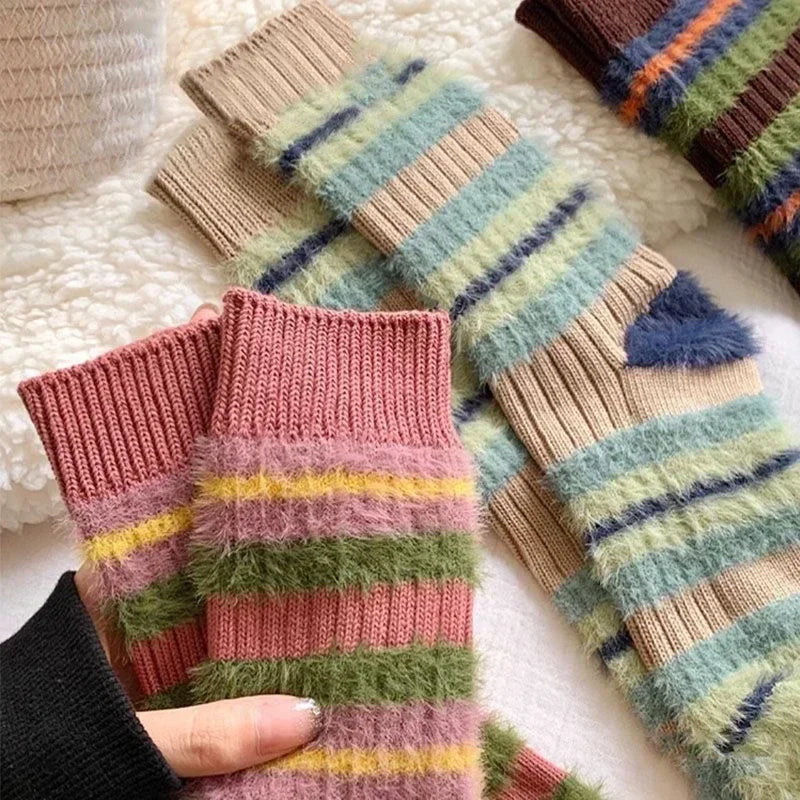 1/3 Doppel farbige Streifen Socken Damen Herbst Winter Socken Wolle Boden Socken dicke Plüse Innensocken weich