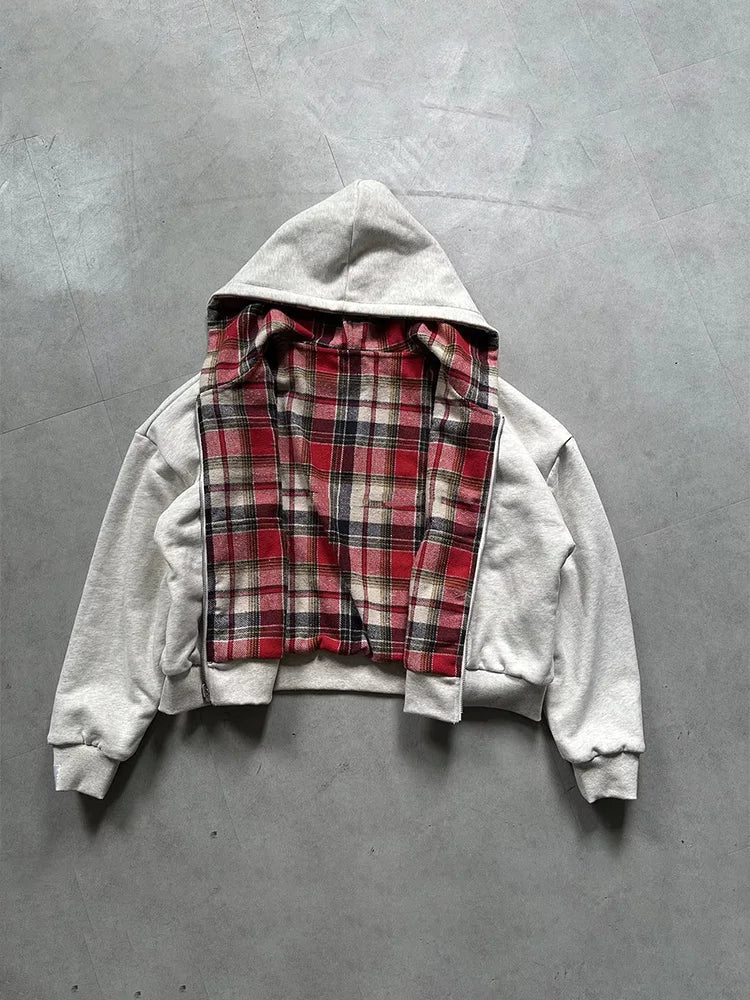 Winter Casual Karierter Hoodie für Damen, Warmer Reißverschluss-Sweatshirt, Beidseitig Tragbar, Modisch Trendy, Locker Geschnittener Kapuzenpullover