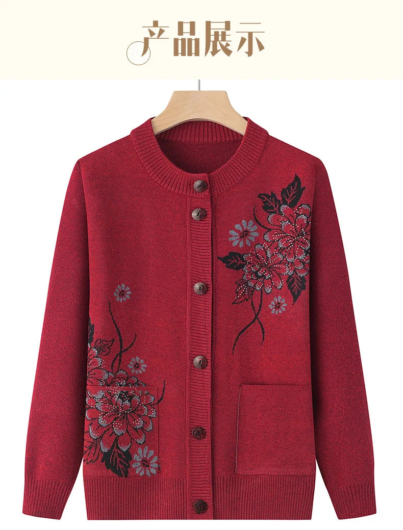 Koreanische frauen Kleidung Neue Stricken Woolen Gedruckt Strickjacke Mantel Mittleren Alters Mutter Strickwaren Tops Vintage Oma Pullover Jacke