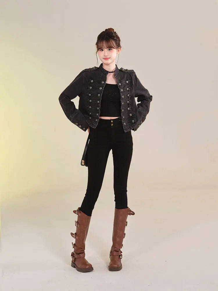 Damenbekleidung Kurzmantel Neue Jeansjacke Retro-Knopfdesign Schlanker Stehkragen Lange Ärmel Jeansoberteil Jacke Kurzmantel