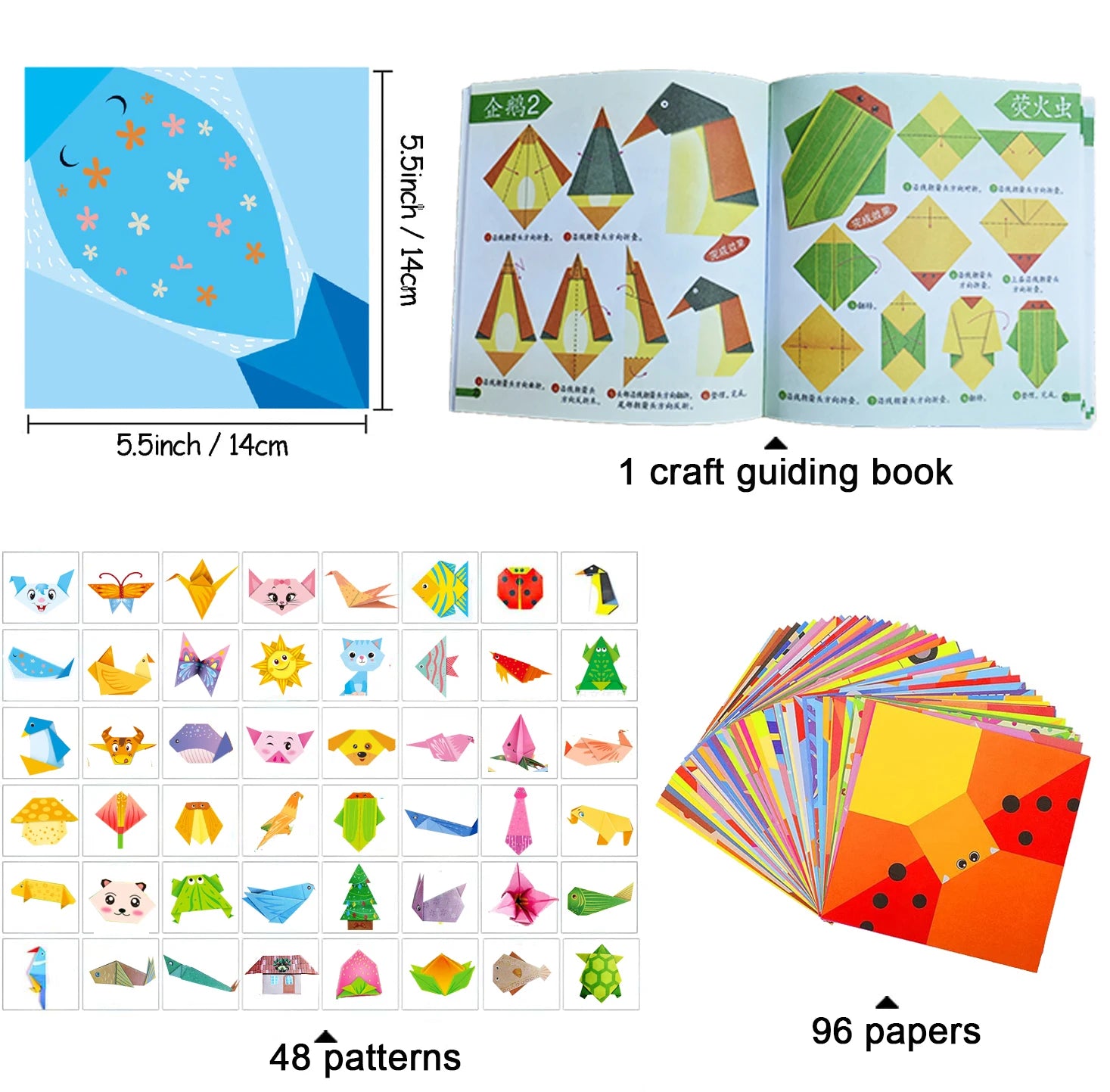 Origami-Set, 30/96 Blatt, Origami-Papier, Bastelführungsbuch, DIY-Kunsthandwerksprojekte, Zubehör für Anfänger, Kinder, Kinder, Jungen und Mädchen