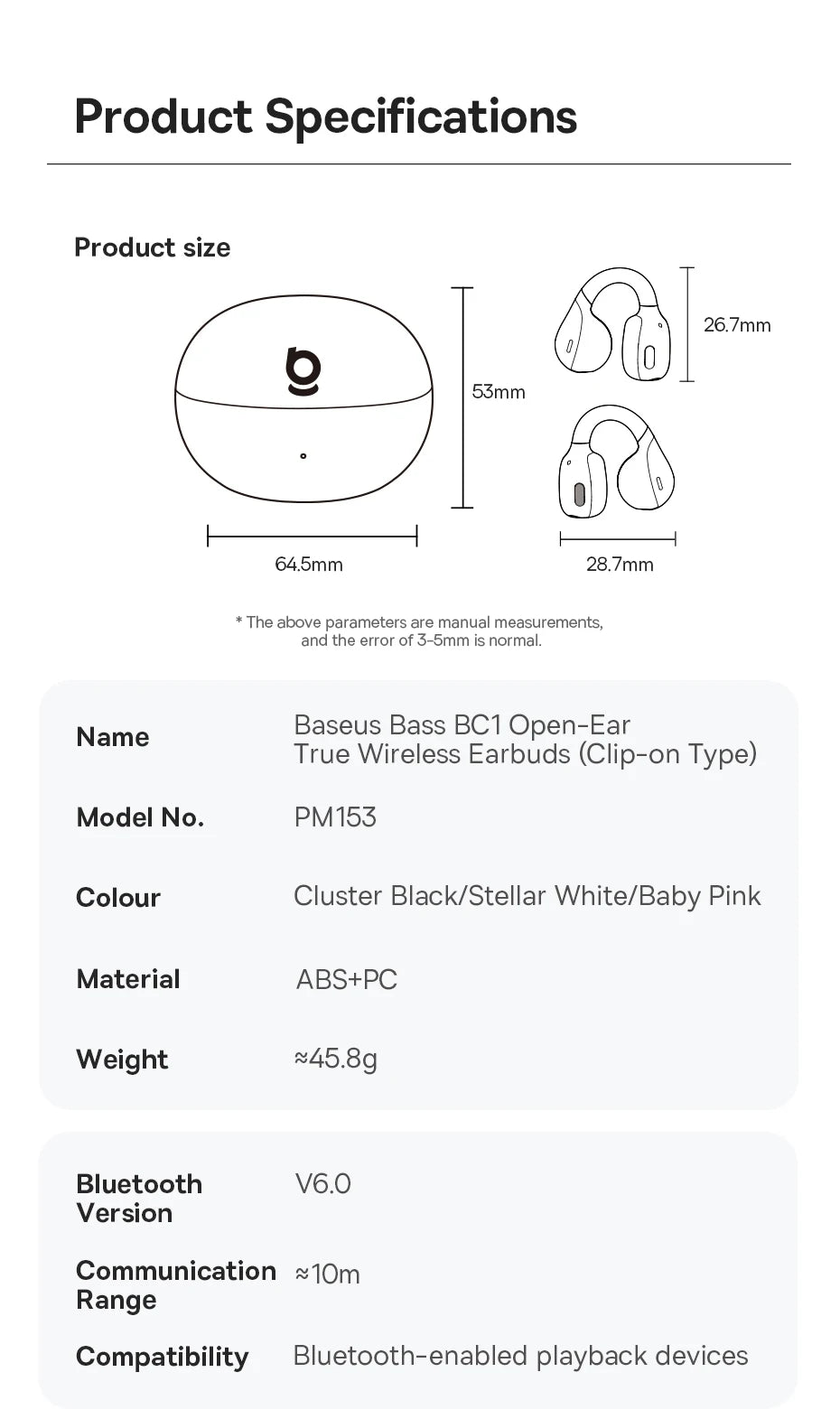 Baseus BC1 Ohrclip-Ohrhörer, kabellose Open-Ear-Kopfhörer, Bluetooth 6.0, Clip-on-Sportkopfhörer, 4 Mikrofone, Super-Bass, IP55, Ohrhörer