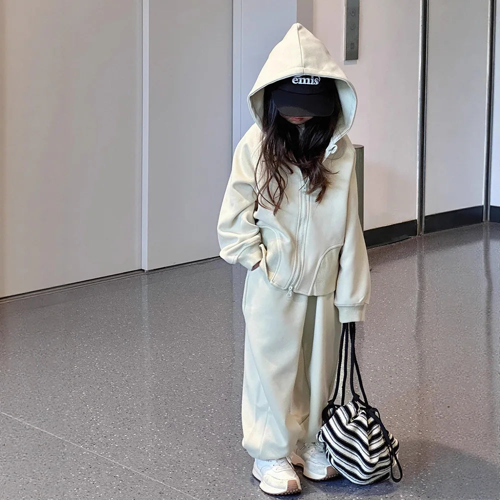 2026 Winter Herbst Teenager-Mädchen-Set: Lose Jacke mit Kapuze + Trainingsanzug mit weiten Hosen, Kinderkleidung, Outfit für Kinder 4 8 10 12 Jahre