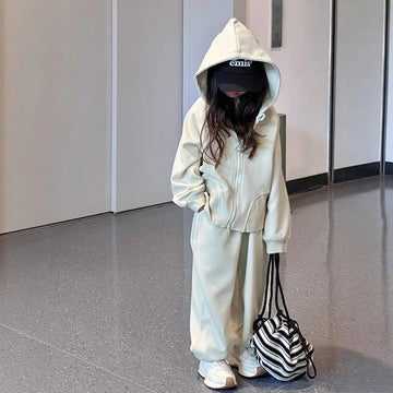 2026 Winter Herbst Teenager-Mädchen-Set: Lose Jacke mit Kapuze + Trainingsanzug mit weiten Hosen, Kinderkleidung, Outfit für Kinder 4 8 10 12 Jahre