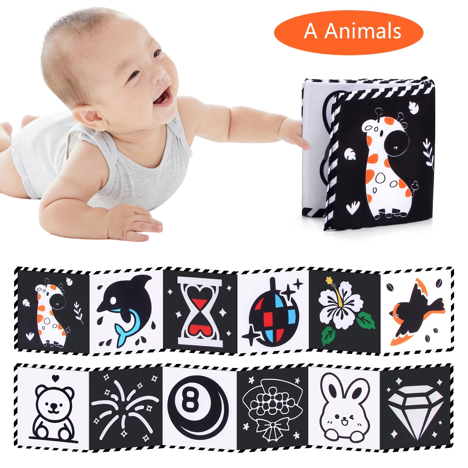 Baby Stoffbuch Hochkontrast-Babyspielzeug 0M+ Neugeborenen-Krippenspielzeug Schwarz-Weiß Tier-Sensorik-Stoffbücher Montessori-Spielzeug