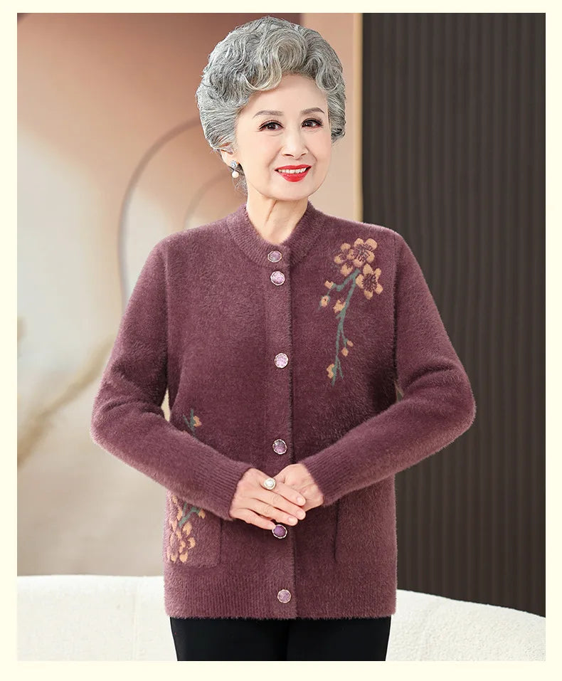 Oma Dicke Warme Nerz Samt Pullover Top Winter Mittleren Alters Mutter Draußen Tragen Strickjacke Jacke Vintage Frauen Gestrickte Mantel