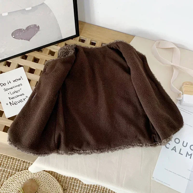 Neue Baby Lamm Wolle Plus Samt Weste Herbst Winter Mädchen Jungen Plüsch Weste Einreiher V-ausschnitt Kind Warme Mode Warme Mantel
