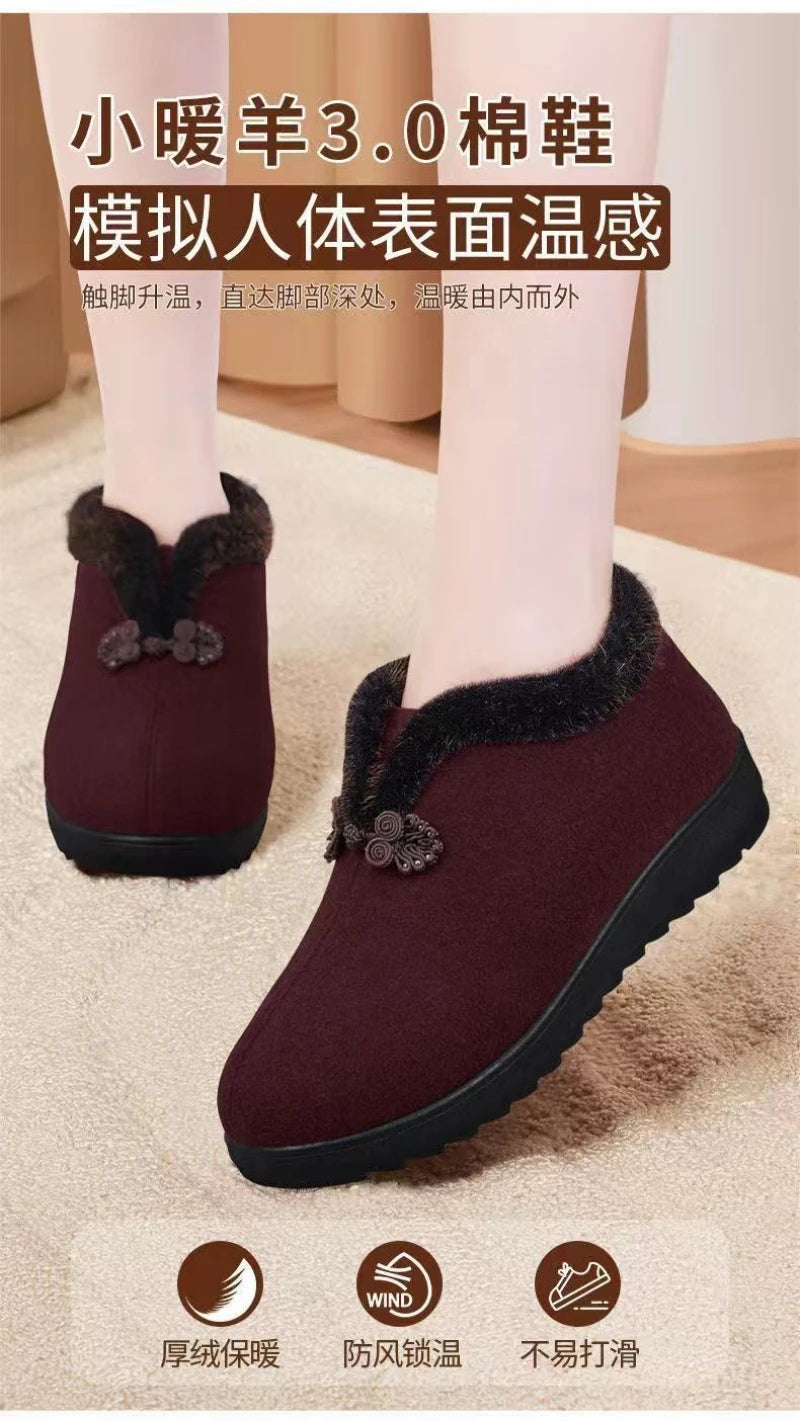 Neue Winter-Damenschuhe im Nordost-Stil, warme Baumwollschuhe, dick gefüttert mit Fleece, rutschfest, weiche Sohle, bequem für ältere Mütter und Großmütter, kältebeständig.