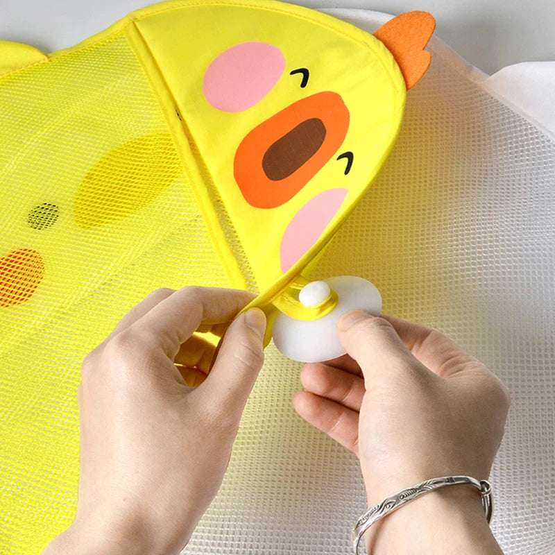 QWZ Neue Cartoon Ente Baby Badezimmer Mesh Tasche Sucker Design Für Bad Spielzeug Kinder Tier Formen Tuch Sand Spielzeug Lagerung Net Tasche