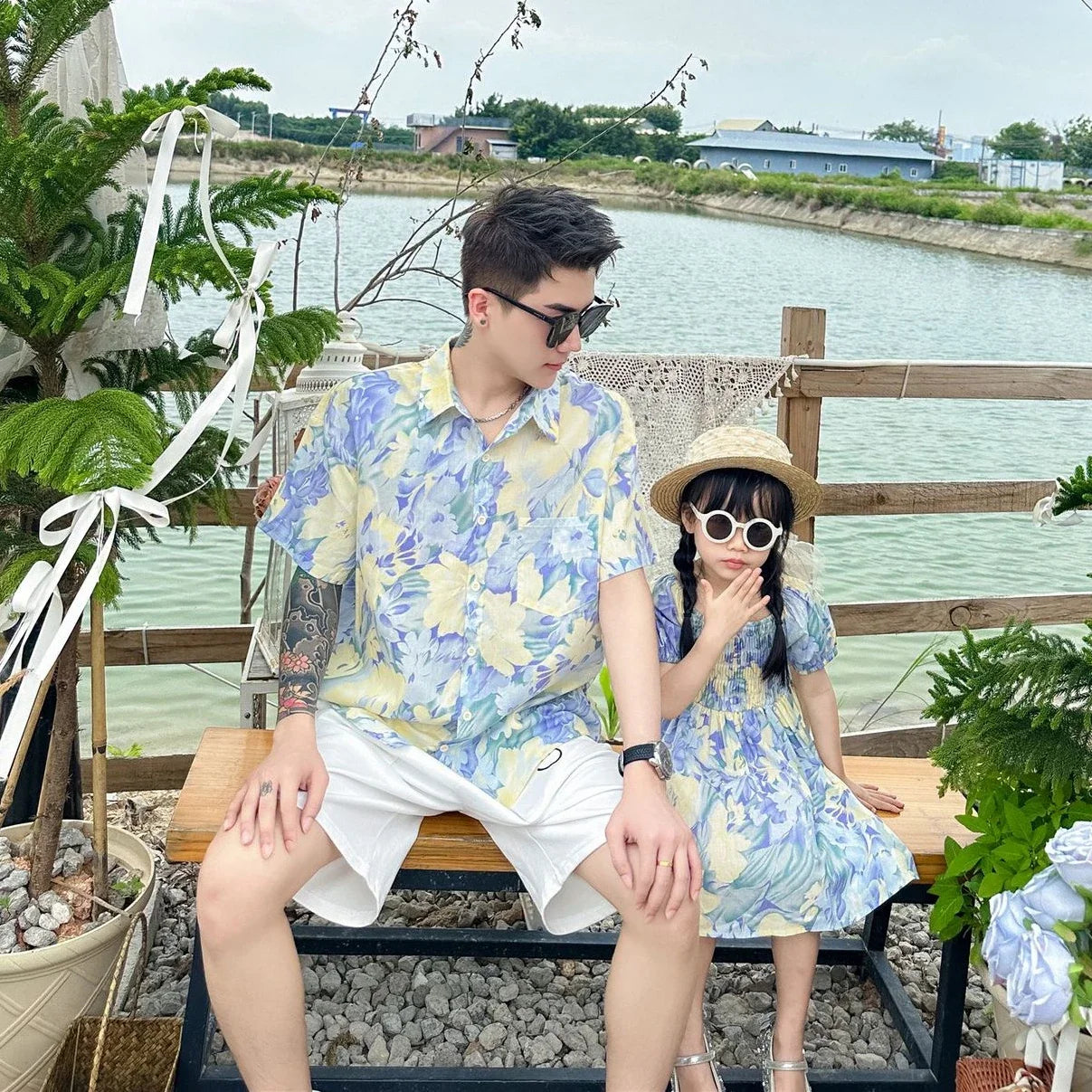 Urlaub Look Familie passende Kleidung Urlaub Mutter Tochter Mädchen Kittel Kleid Papa Sohn Blumen hemden Schwester Bruder Zwillinge Kleidung
