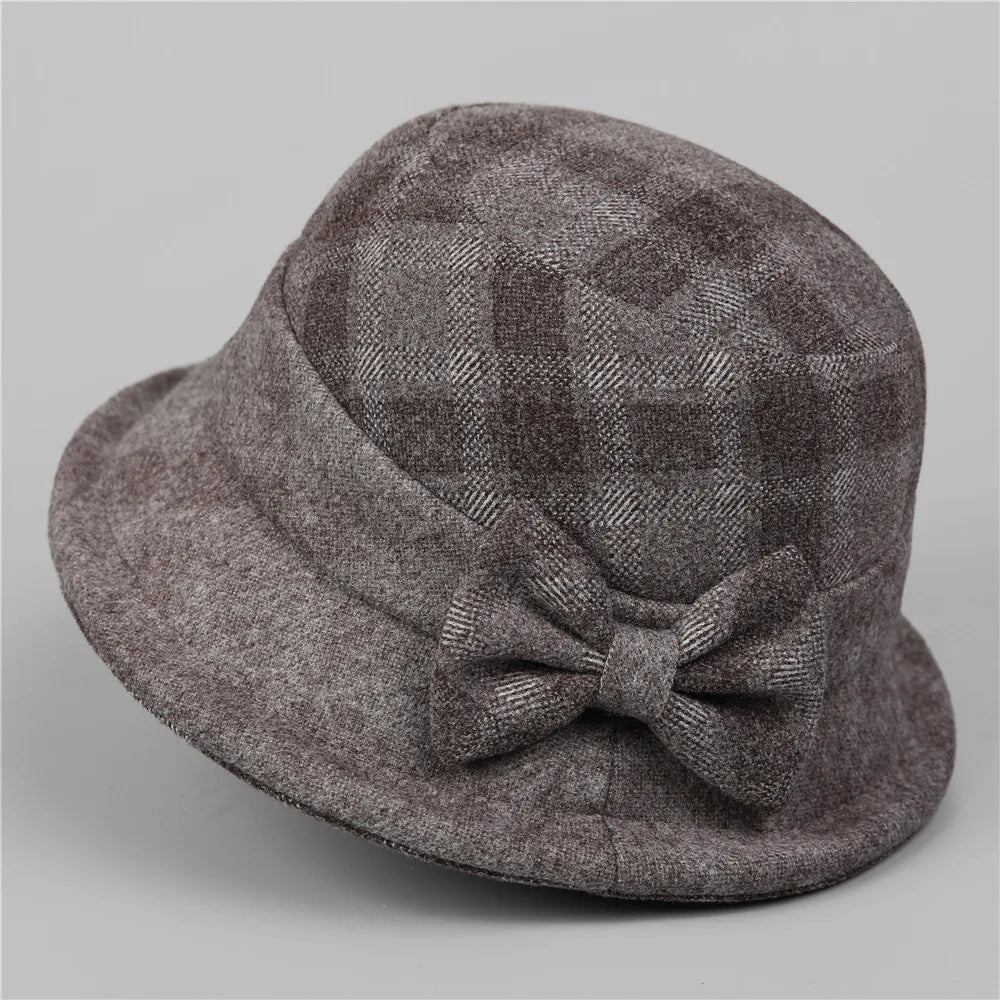 Elegante Schleife Herbst Winter verdickter karierter Fischerhut für Frauen mittleren Alters Mutter Oma