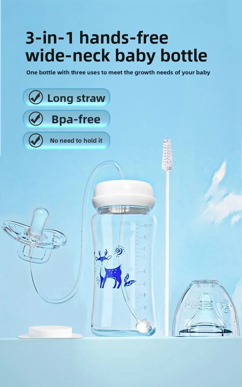 3-in-1 Freihändige Babyflasche 300ML mit Weitem Hals, Anti-Tropf-Schwerkraftstrohhalm und Milchaufbewahrungsflasche mit Sauger